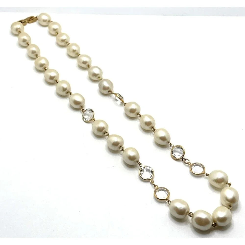 Vintage 80s GIVENCHY Bijoux Faux Baroque Pearl Clear Crystal Bezel Necklace 24